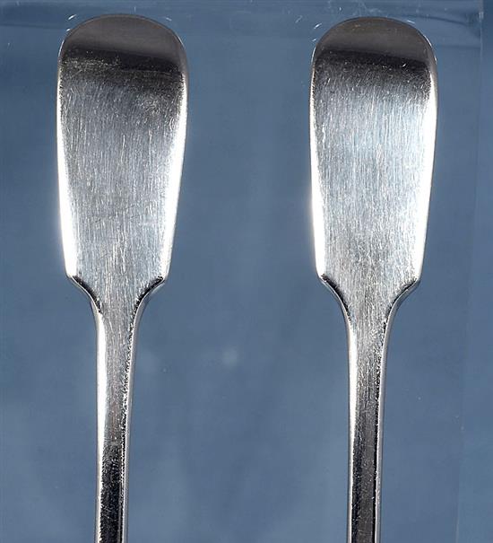 A pair of William IV silver fiddle pattern serving spoons and a similar Victorian pair, Length 237mm, weight 4.9oz/153grms